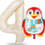 Parti Station Sevimli Penguen Balon 4 Yaş Doğum Günü Balon Set Penguen Konsept Ve Krem Renk Rakam Balon