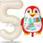 Parti Station Sevimli Penguen Balon 5 Yaş Doğum Günü Balon Set Penguen Konsept Ve Krem Renk Rakam Balon