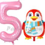 Parti Station Sevimli Penguen Balon 5 Yaş Doğum Günü Balon Set Penguen Konsept Ve Pembe Renk Rakam Balon