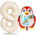 Parti Station Sevimli Penguen Balon 8 Yaş Doğum Günü Balon Set Penguen Konsept Ve Krem Renk Rakam Balon
