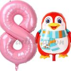Parti Station Sevimli Penguen Balon 8 Yaş Doğum Günü Balon Set Penguen Konsept Ve Pembe Renk Rakam Balon
