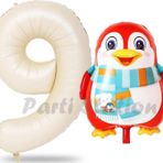 Parti Station Sevimli Penguen Balon 9 Yaş Doğum Günü Balon Set Penguen Konsept Ve Krem Renk Rakam Balon