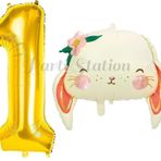 Parti Station Sevimli Tavşan 1 Yaş Balon Set Woodland Hayvanlar Konsept Tavşan Balon Ve Gold Renk Rakam Balon