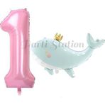 Parti Station Sevimli Yeşil Balina 1 Yaş Balon Set Deniz Okyanus Canlıları Konsept Balon Ve Pembe Rakam Balon