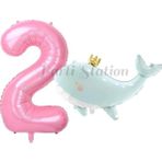 Parti Station Sevimli Yeşil Balina 2 Yaş Balon Set Deniz Okyanus Canlıları Konsept Balon Ve Pembe Rakam Balon