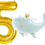 Parti Station Sevimli Yeşil Balina 5 Yaş Balon Set Deniz Okyanus Canlıları Konsept Balon Ve Gold Rakam Balon