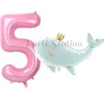 Parti Station Sevimli Yeşil Balina 5 Yaş Balon Set Deniz Okyanus Canlıları Konsept Balon Ve Pembe Rakam Balon