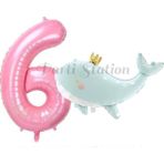 Parti Station Sevimli Yeşil Balina 6 Yaş Balon Set Deniz Okyanus Canlıları Konsept Balon Ve Pembe Rakam Balon