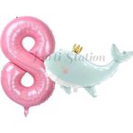 Parti Station Sevimli Yeşil Balina 8 Yaş Balon Set Deniz Okyanus Canlıları Konsept Balon Ve Pembe Rakam Balon