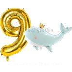 Parti Station Sevimli Yeşil Balina 9 Yaş Balon Set Deniz Okyanus Canlıları Konsept Balon Ve Gold Rakam Balon
