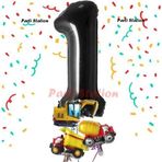 Parti Station Siyah Renk Rakam Balon Küçük Boy İnşaat Balonlu 1 Yaş İnşaat Kamyon Konspet Doğum Günü Balon Set