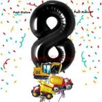 Parti Station Siyah Renk Rakam Balon Küçük Boy İnşaat Balonlu 8 Yaş İnşaat Kamyon Konspet Doğum Günü Balon Set