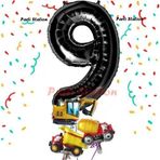 Parti Station Siyah Renk Rakam Balon Küçük Boy İnşaat Balonlu 9 Yaş İnşaat Kamyon Konspet Doğum Günü Balon Set