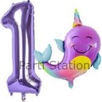 Parti Station Unicorn Balina Balon 1 Yaş Set Okyanus Konsept Unicorn Yunus Balığı Ve Mor Rakam Balon Set