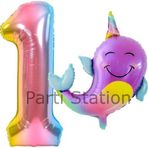Parti Station Unicorn Balina Balon 1 Yaş Set Okyanus Konsept Unicorn Yunus Balığı Ve Renkli Rakam Balon Set