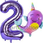 Parti Station Unicorn Balina Balon 2 Yaş Set Okyanus Konsept Unicorn Yunus Balığı Ve Mor Rakam Balon Set