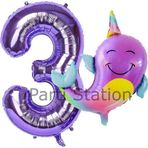 Parti Station Unicorn Balina Balon 3 Yaş Set Okyanus Konsept Unicorn Yunus Balığı Ve Mor Rakam Balon Set