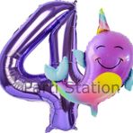 Parti Station Unicorn Balina Balon 4 Yaş Set Okyanus Konsept Unicorn Yunus Balığı Ve Mor Rakam Balon Set