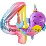 Parti Station Unicorn Balina Balon 4 Yaş Set Okyanus Konsept Unicorn Yunus Balığı Ve Renkli Rakam Balon Set