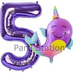 Parti Station Unicorn Balina Balon 5 Yaş Set Okyanus Konsept Unicorn Yunus Balığı Ve Mor Rakam Balon Set
