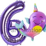 Parti Station Unicorn Balina Balon 6 Yaş Set Okyanus Konsept Unicorn Yunus Balığı Ve Mor Rakam Balon Set
