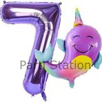 Parti Station Unicorn Balina Balon 7 Yaş Set Okyanus Konsept Unicorn Yunus Balığı Ve Mor Rakam Balon Set