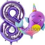 Parti Station Unicorn Balina Balon 8 Yaş Set Okyanus Konsept Unicorn Yunus Balığı Ve Mor Rakam Balon Set