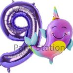 Parti Station Unicorn Balina Balon 9 Yaş Set Okyanus Konsept Unicorn Yunus Balığı Ve Mor Rakam Balon Set