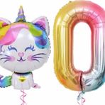 Parti Station Unicorn Kedi 0 Yaş Balon Set Renkli Sayı Balon Folyo Set Konsept Doğum Günü Set Yaş Balon