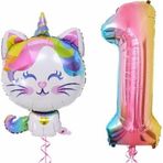 Parti Station Unicorn Kedi 1 Yaş Balon Set Renkli Sayı Balon Folyo Set Konsept Doğum Günü Set Yaş Balon