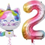 Parti Station Unicorn Kedi 2 Yaş Balon Set Renkli Sayı Balon Folyo Set Konsept Doğum Günü Set Yaş Balon