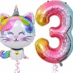 Parti Station Unicorn Kedi 3 Yaş Balon Set Renkli Sayı Balon Folyo Set Konsept Doğum Günü Set Yaş Balon