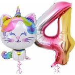 Parti Station Unicorn Kedi 4 Yaş Balon Set Renkli Sayı Balon Folyo Set Konsept Doğum Günü Set Yaş Balon