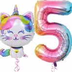 Parti Station Unicorn Kedi 5 Yaş Balon Set Renkli Sayı Balon Folyo Set Konsept Doğum Günü Set Yaş Balon