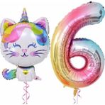 Parti Station Unicorn Kedi 6 Yaş Balon Set Renkli Sayı Balon Folyo Set Konsept Doğum Günü Set Yaş Balon