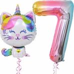 Parti Station Unicorn Kedi 7 Yaş Balon Set Renkli Sayı Balon Folyo Set Konsept Doğum Günü Set Yaş Balon