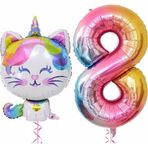 Parti Station Unicorn Kedi 8 Yaş Balon Set Renkli Sayı Balon Folyo Set Konsept Doğum Günü Set Yaş Balon