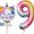 Parti Station Unicorn Kedi 9 Yaş Balon Set Renkli Sayı Balon Folyo Set Konsept Doğum Günü Set Yaş Balon