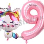 Parti Station Unicorn Kedi Balon 1 Yaş Doğum Günü Balon Set Unicorn Kedi Konsept Balon ve Pembe Rakam Balon