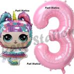 Parti Station Unicorn Lol Bebek 3 Yaş Balon Ve Pembe Rakam Balon Doğum Günü Parti Set