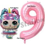 Parti Station Unicorn Lol Bebek 9 Yaş Balon Ve Pembe Rakam Balon Doğum Günü Parti Set
