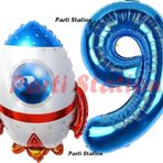 Parti Station Uzay Konsept Roket Balon 9 Yaş Doğum Günü Set Uzay Konsept Balon ve Lacivert Rakam Balon