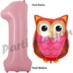Parti Station Woodland Baykuş Konsept 1 Yaş Balon Set Sevimli Baykuş Owl Ve Pembe Rakam Balon Doğum Günü Balon Set