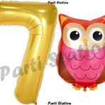 Parti Station Woodland Baykuş Konsept 7 Yaş Balon Set Sevimli Baykuş Owl Ve Gold Rakam Balon Doğum Günü Balon Set