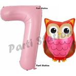 Parti Station Woodland Baykuş Konsept 7 Yaş Balon Set Sevimli Baykuş Owl Ve Pembe Rakam Balon Doğum Günü Balon Set