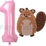Parti Station Woodland Konsept Sevimli Sincap Ve Pembe Rakam Balon 1 Yaş Set Sincap Konsept Doğum Günü Balon Set