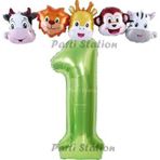 Parti Station Yeşil Renk Rakam Balonlu Safari 1 Yaş Doğum Günü Parti Balon Set Safari Hayvanlar Tema Parti