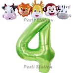 Parti Station Yeşil Renk Rakam Balonlu Safari 4 Yaş Doğum Günü Parti Balon Set Safari Hayvanlar Tema Parti