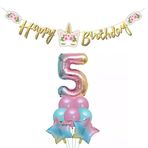 Parti Sürprizi Çiçekli Unicorn 5 Yaş Gökkuşağı Balon Set