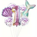 Parti Sürprizi Deniz Kızı Kuyruğu Mor Konfetili 1 Yaş Folyo Balon Set